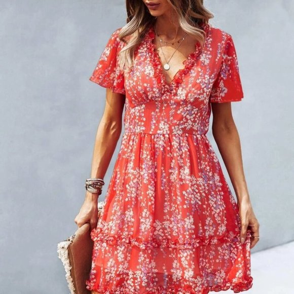 Red Cottagecore Boho Floral Print Frill Trim Dress - Picture 6 of 6